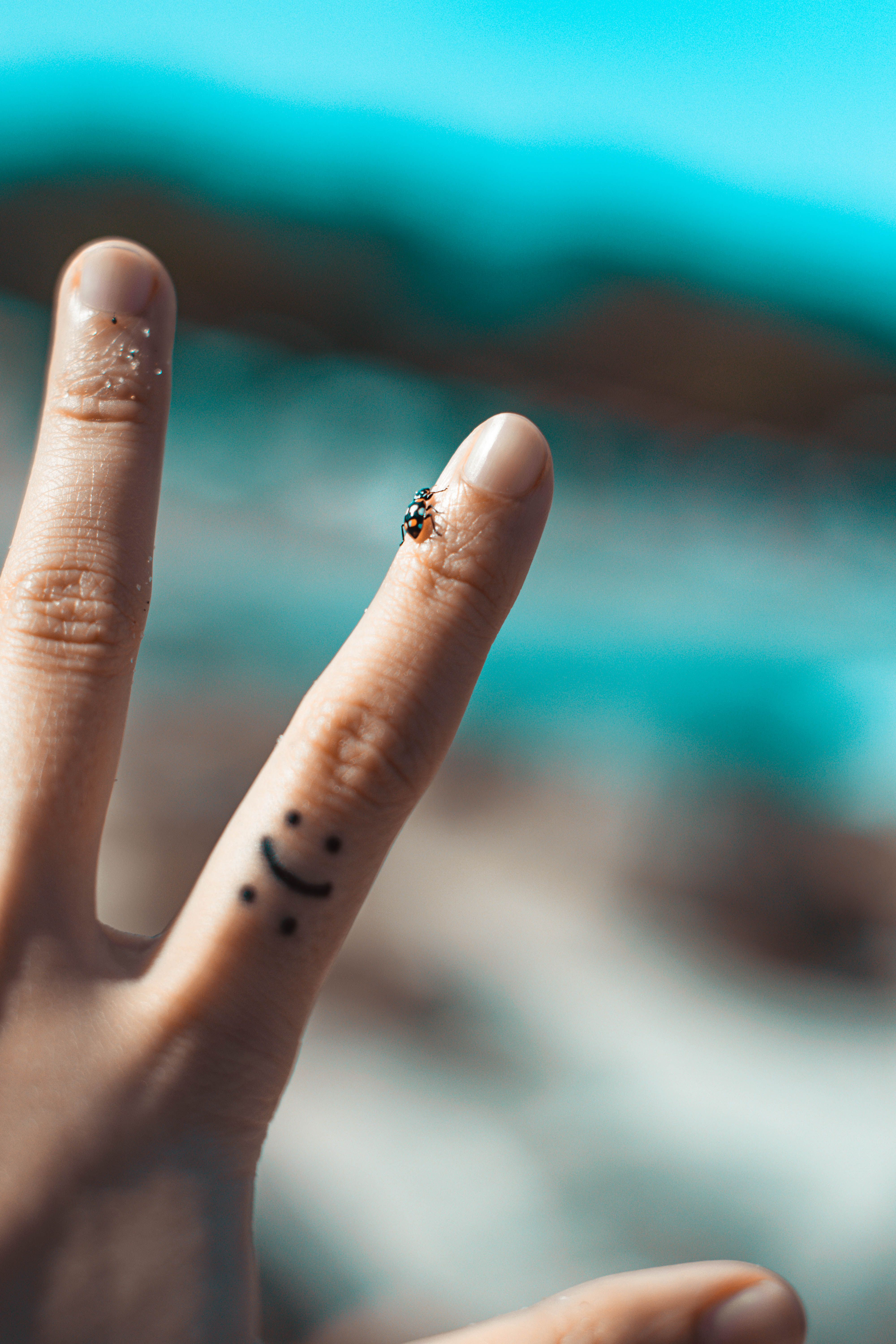 Tatuagem minimalista de joaninha e sorriso no dedo